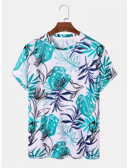 Mens All Over Plants Leaf Print Holiday Short Sleeve T  Shirts