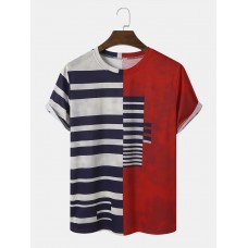 Men Stylish Asymmetric Striped Print Patchwork O Neck Hem Cuff Casual T  Shirts