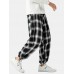 Mens Plaid Casual Drawstring Cuff Pants With Pocket