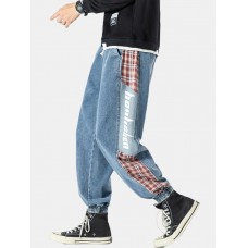 Mens Side Plaid Patchwork Letter Pritned Casual Drawstring Denim Jogger Pants