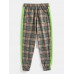 Mens Plaid Cotton Side Patchwork Drawstring Elastic Waist Jogger Pants With Pocket